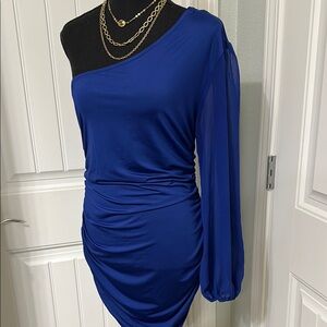 One-Shoulder Royal Blue Ruched Dress